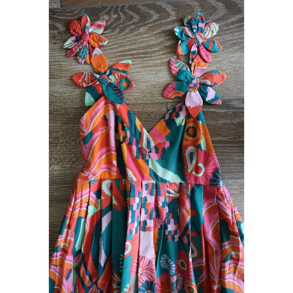 Farm Rio x Anthropologie Women's Sz XXS Multi Pleated Palm Midi Dress - Picture 12 of 16